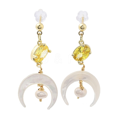 Natural Pearl & Shell Dangle Stud Earrings EJEW-P256-45G-1