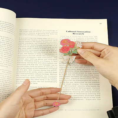 2Pcs 2 Styles Brass & Iron Enamel Flower Bookmarks with Chain AJEW-LP0005-86B-1