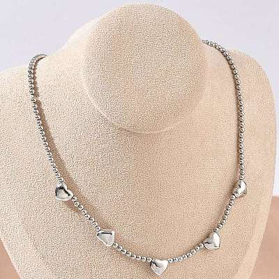 Brass Round Heart Beaded Necklaces NJEW-Z120-01P-1