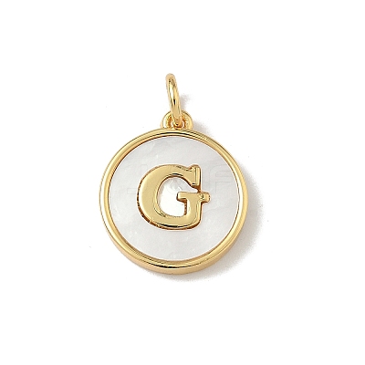 Brass Pave Natural Shell Flat Round with Letter Charms KK-Z115-13G-G-1