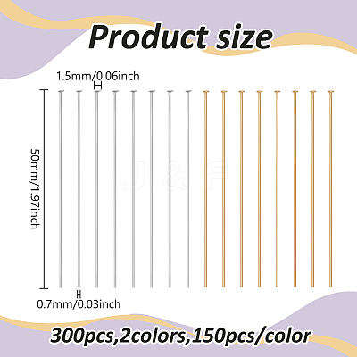 300Pcs 2 Styles 304 Stainless Steel Flat Head Pins STAS-ME0003-15-1