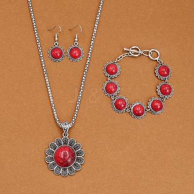 Flower Alloy with Synthetic Turquoise Pendant Necklaces & Dangle Earrings & Link Bracelets Sets WGD1135-15-1