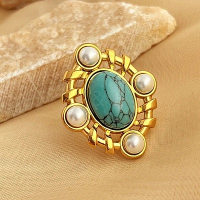 304 Stainless Steel with Turquoise and Plastic Imitation Pearl Adjustable Cuff Rings for Women RJEW-Z096-02G-01-1