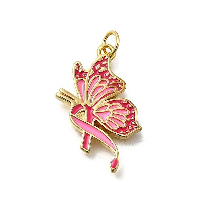 October Breast Cancer Pink Awareness Ribbon Brass Enamel Pendants KK-S517-04D-D-1