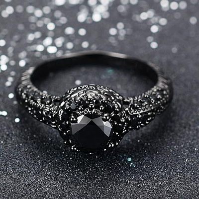 Flat Round Brass Jet Rhinestone Finger Rings FS-WG232E0-03-1