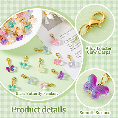 60Pcs 6 Colors Butterfly Glass Pendant Decorations HJEW-PH01944-1