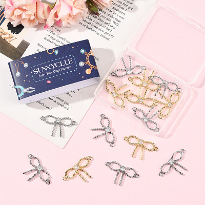 16Pcs 2 Colors Rack Plating Brass Pave Clear Cubic Zirconia Bowknot Connector Charms KK-SC0006-77-1
