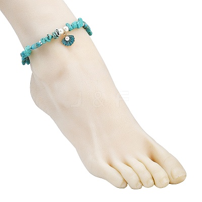 Zinc Alloy Enamel Shell Shape Charm Round Shell Pearl & Dyed Synthetic Turquoise Starfish & Magnesite Chip Beaded Anklets AJEW-AN00735-02-1