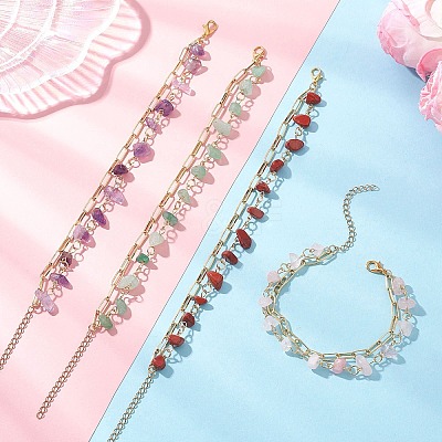 Natural Gemstone Chip Beads & Brass Paperclip Chain Multi-strand Bracelets for Women BJEW-JB12890-1