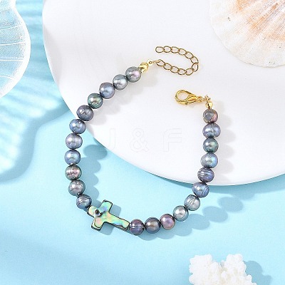 Dyed Natural Cultured Freshwater Pearl Round Beaded Bracelets with Religion Cross Natural Paua Shell for Women BJEW-JB14274-1