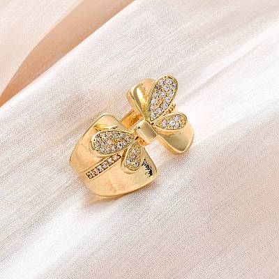 Brass Micro Pave Clear Cubic Zirconia Cuff Rings for Women RJEW-U043-06G-1