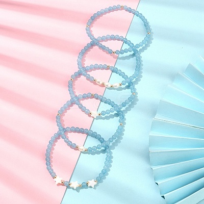 5Pcs 5 Style Natural Dyed White Jade & Pearl & Shell Star Beaded Stretch Bracelets Set BJEW-JB09495-05-1