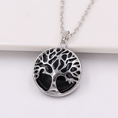 Natural Black Onyx(Dyed & Heated) Alloy Tree of Life Pendant Necklaces for Women Men FS-WG931AE-03-1
