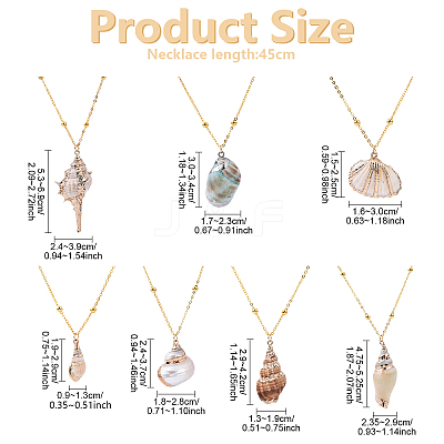 7Pcs 7 Styles Electroplated Natural Shell Pendant Brass Satellite Chain Necklaces NJEW-YW00003-1