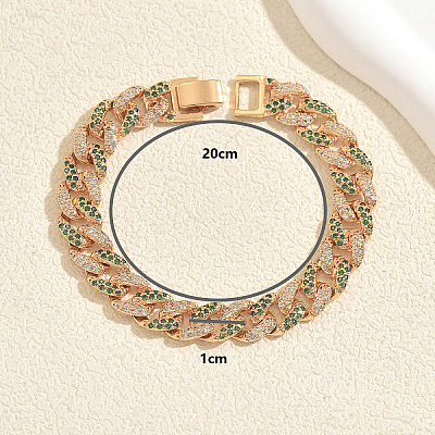 Unisex Brass Micro Pave Full Clear and Green Cubic Zirconia Cuban Link Chain Bracelets for Party and Casual Wear HS6983-1