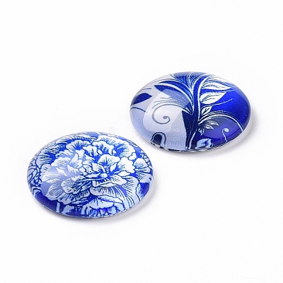 Blue and White Floral Printed Glass Cabochons GGLA-A002-20mm-XX-1