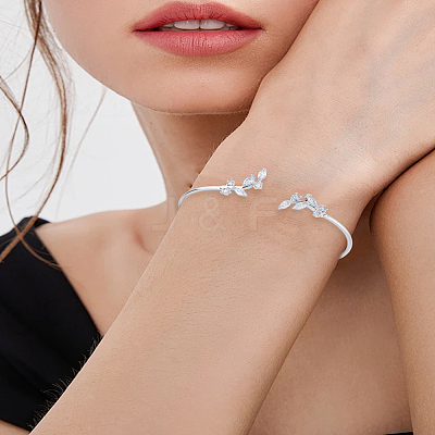 1Pc Elegant Brass Cubic Zirconia Leaf Cuff Bangles for Women BJEW-LP0003-33P-03-1