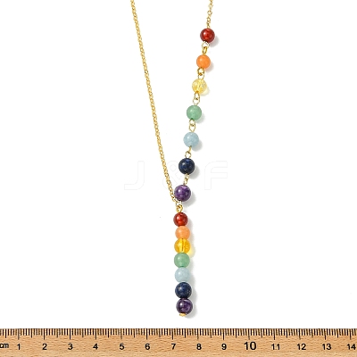 Chakra Round Natural Gemstone Beaded Pendant Brass Cable Chain Necklaces for Women NJEW-JN06266-1