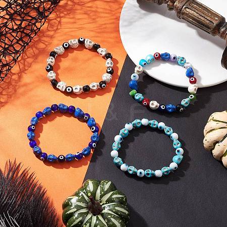 4Pcs 4 Colors Halloween Dyed Synthetic Turquoise Skull & Lampwork Evil Eye Round Beaded Stretch Bracelet Sets for Women Men BJEW-JB12268-1