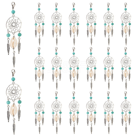   20Pcs Synthetic Turquoise Alloy Woven Net/Web with Feather Pendant Decorations HJEW-PH0001-69-1
