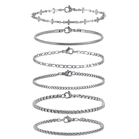 6Pcs 6 Styles 304 Stainless Steel Chain Bracelets BJEW-GA0001-18-1