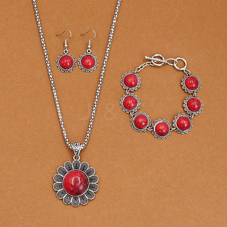 Flower Alloy with Synthetic Turquoise Pendant Necklaces & Dangle Earrings & Link Bracelets Sets WGD1135-15-1