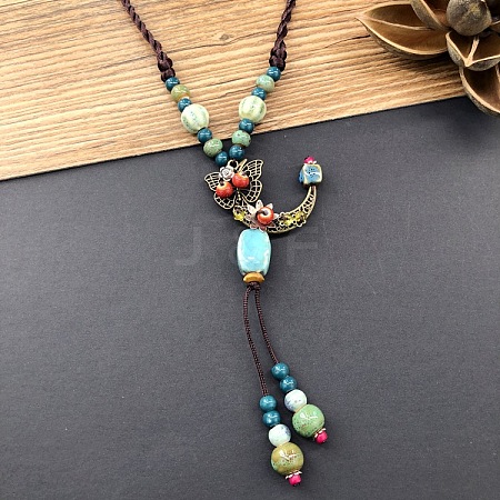 Ethnic Style Moon Alloy & Porcelain Tassel Pendant Long Necklaces for Women FS-WGC9E4C-03-1
