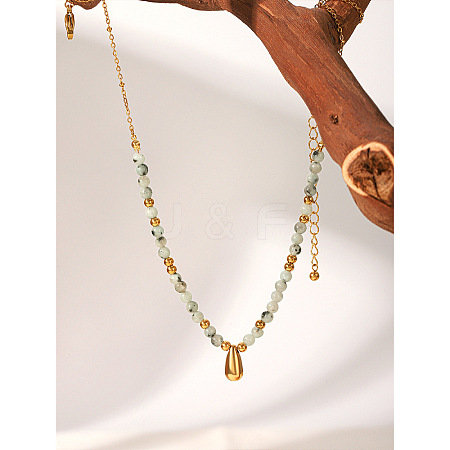 304 Stainless Steel Teardrop Pendant Natural African Turquoise(Jasper) Round Beaded Necklaces for Women WGE7304-01-1