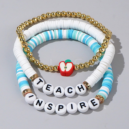 Teachers' Day Plastic Letter Inspire Teach Polymer Clay Heishi Beaded Stretch Bracelet Sets IE3330-2-1
