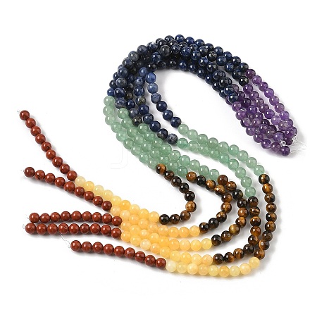 Chakra Natural Red Jasper & Yellow Jade & Green Aventurine & Tiger Eye & Sodalite & Amethyst Beads Strands G-NH0002-E02-6mm-1