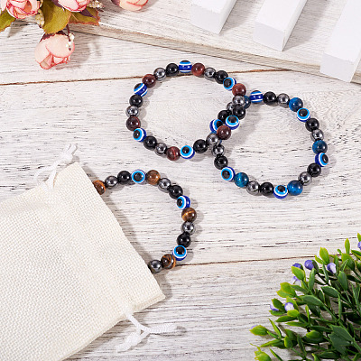 10MM Round Natural Tiger Eye & Obsidian & Evil Eye Bead Stretch Bracelets for Women Men BJEW-TA0001-19-1
