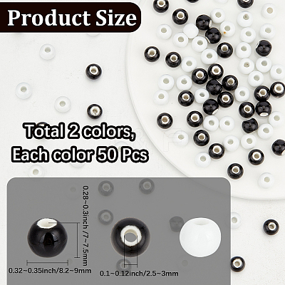 100Pcs 2 Colors Black & White Round Glossy Ceramic Porcelain Beads for Jewelry Making PORC-PA0001-38-1