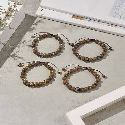 4Pcs 4 Color Natural Wood & Alloy Skull & Synthetic Hematite Braided Bead Bracelets Set BJEW-JB09214-1