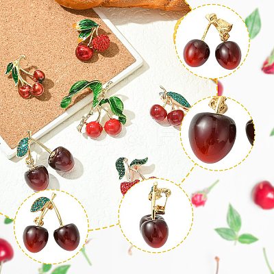 6Pcs 6 Styles 3D Resin Cherry Brooch Pin with Rhinestone JEWB-CJ0001-32-1
