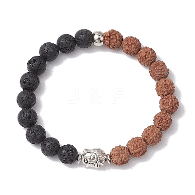 Round Natural Lava Rock & Natural Rudraksha Beaded Stretch Bracelets BJEW-TA00527-1