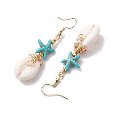 Starfish Brass with Synthetic Turquoise & Cowrie Shell Dangle Earrings EJEW-JE06141-01-1