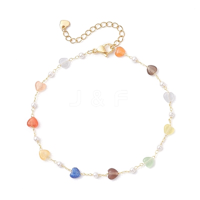 Colorful Cat Eye Heart & Plastic Pearl Beads Brass Link Chain Anklets AJEW-AN00729-1