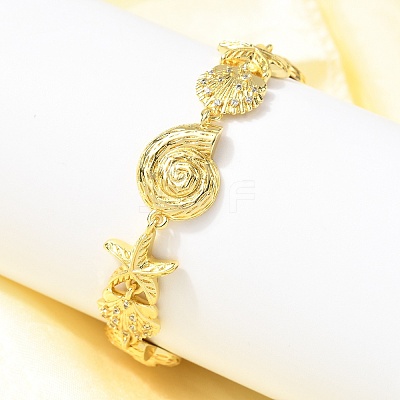 Summer Beach Brass Micro Pave Clear Cubic Zirconia Starfish & Shell Shape Link Chain Bracelets BJEW-C118-02A-G-1