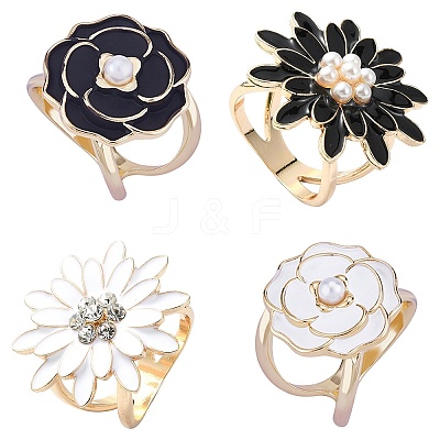 8Pcs 4 Styles Carnation & Daisy Golden Alloy Enamel Scarf Buckle Ring AJEW-CJ0001-33-1