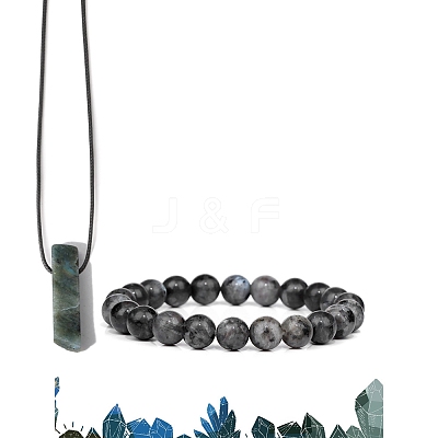 Natural Labradorite Beads Stretch Bracelets & Pendant Necklaces Sets for Men PW-WGF85DB-08-1