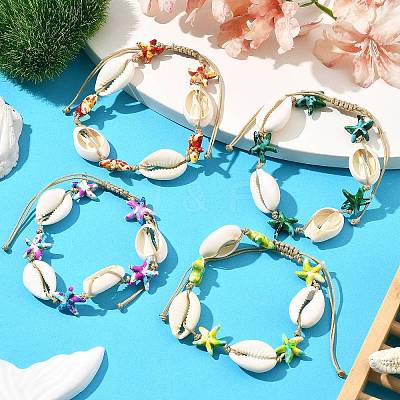4Pcs 4 Colors Natural Cowrie Shell & Synthetic Turquoise Braided Nylon Bracelets for Women BJEW-JB11535-1