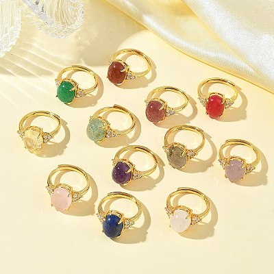 Brass Micro Pave Cubic Zirconia with Natural & Synthetic Gemstone Cuff Open Rings RJEW-T035-01G-M-1