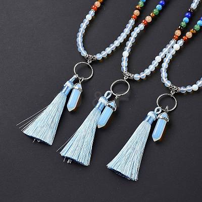 Opalite Bullet & Tassel Pendant Necklace with Mixed Gemstone Beaded Chains NJEW-E585-02F-1