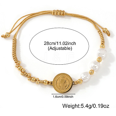 Imitation Pearl and Brass Saint Benedict Braided Bead Bracelets KP6024-1