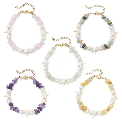 Starfish Synthetic Turquoise & Natural Mixed Gemstone Chip Beaded Bracelets for Women BJEW-JB11264-1
