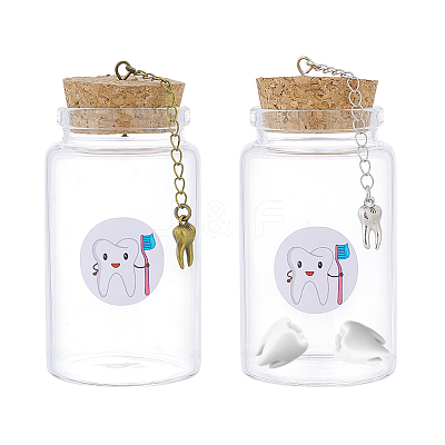 2Pcs 2 Colors Column Transparent Glass Baby Teeth Empty Cork Bottles with Alloy Tooth Tassel Charms and Tooth Picture Stickers AJEW-NB00017-1