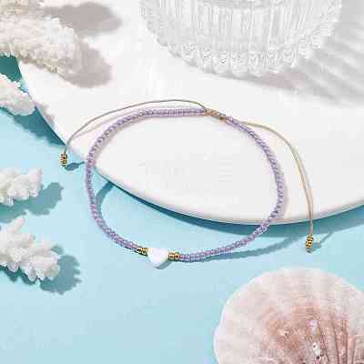 Heart Natural Shell & Glass Seed Braided Bead Bracelets BJEW-JB09922-02-1