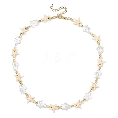 Ocean Synthetic Turquoise Starfish & Natural Baroque Keshi Pearl Star Beaded Necklaces for Women NJEW-JN06314-1