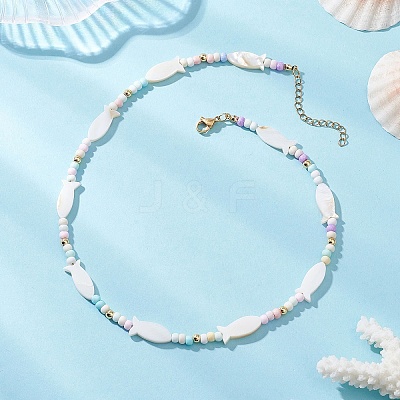 Summer Beach Natural White Shell and Glass Seed Beaded Necklaces NJEW-JN05855-02-1