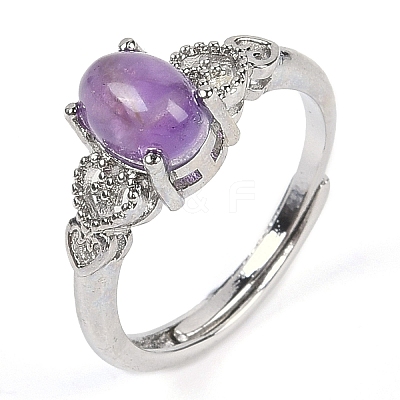 Oval Natural Amethyst Adjustable Rings RJEW-Q819-01P-10-1